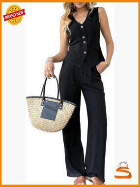 Women's 2 Piece Linen Vest Suit Set Summer Wide Leg Pants Outfit